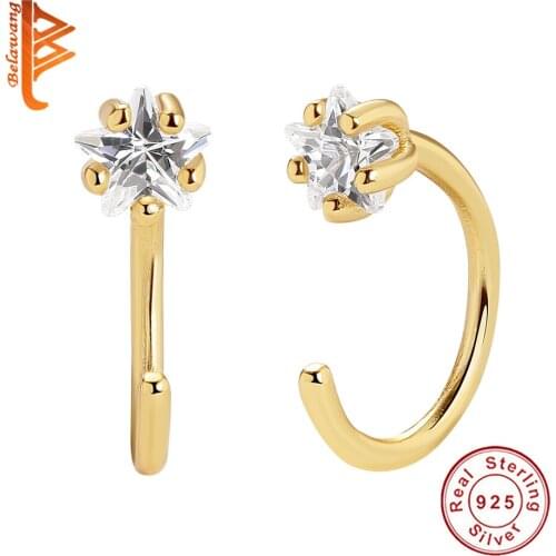 BELAWANG Real 925 Sterling Silver High Quality CZ Hoop Earring With 18k Gold Plated Clear Zircon Ear Clip For Women Gift