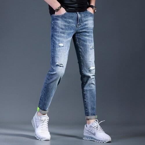 Summer New Mens Blue Ripped Stretch Jeans Casual Streetwear Slim Fit Patches Denim Pants