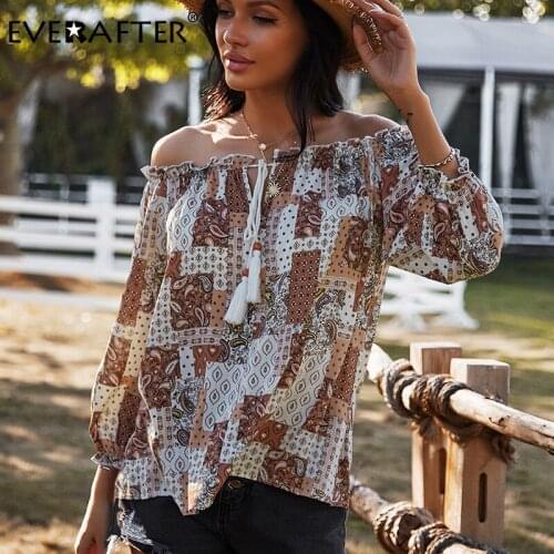 EVERAFTER Elegant Off Shoulder GEOMETRIC Print Women Blouse Sexy Three Quarter Spring Summer Holiday Casual Female Cotton Tops