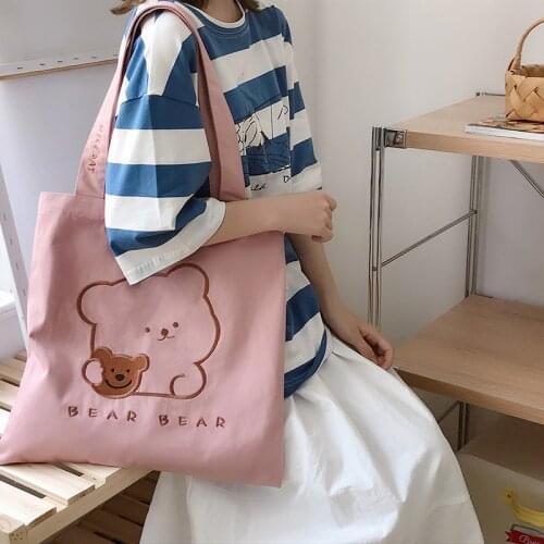 Bear Embroidery Women Canvas Shoulder Bags Cotton Cloth Fabric Handbag Inside Zipper Purses Books Bag Cute Tote For Girls