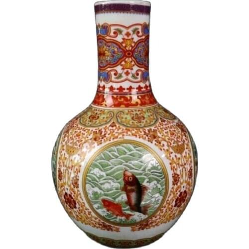 China Old Porcelain Pastel Fish Algae Celestial Bottle Vases