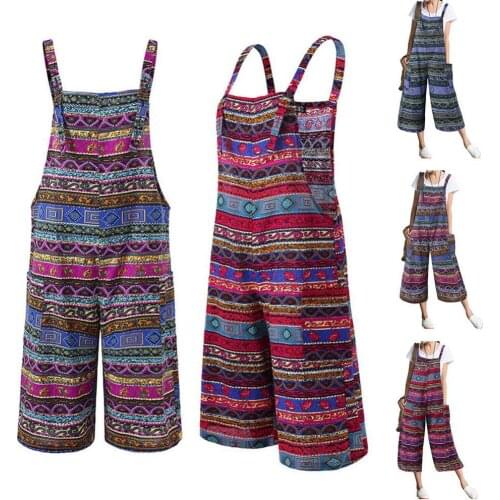 Women Retro Sleeveless Printed Pockets Bib Overall Jumpsuit Wide Leg Capri Pants