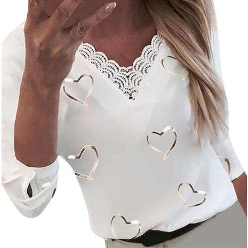 Lace Elegant Blouses Shirt Office Women Hearts Print Shirt Blouses V-neck Lace Patchwork Long Sleeve Shirts Top Blouses Clothing