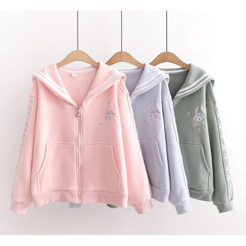 Pink Fleece Women Zipper Jacket Cartoon Embroidery Cute Coat 2021 Winter Full Sleeve Turndown Collar Sweet Style Ladies Outwears