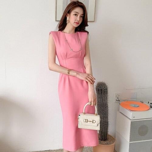 Summer Dresss Pink Sleeveless Bodycon Bandage Long Womens Dress Elegant Vintage Sexy Party Evening Midi Pencil Korean Clothes