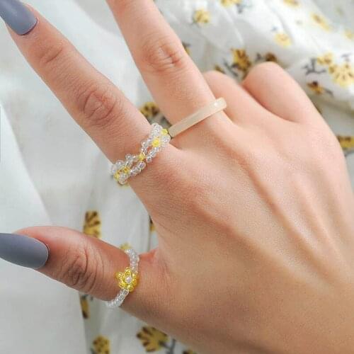 3 Pcs/Set Bohemian Female White Acrylic Glass Beads Handmade Beaded Weave Yellow Flower Rings Set For Women Jewelry Beach Style