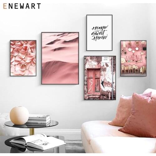 Pink Rose Petal Desert Wall Art Nordic Old Building Landscape Canvas Painting for Living Room Prints and Posters Home Decor