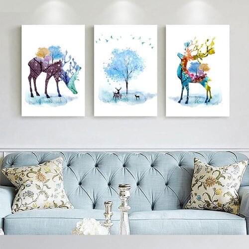 Nordic Watercolor Abstract Elk Forest Decorative Painting Modern Minimalist Living Room Study Canvas Wall Art Pictures Mural