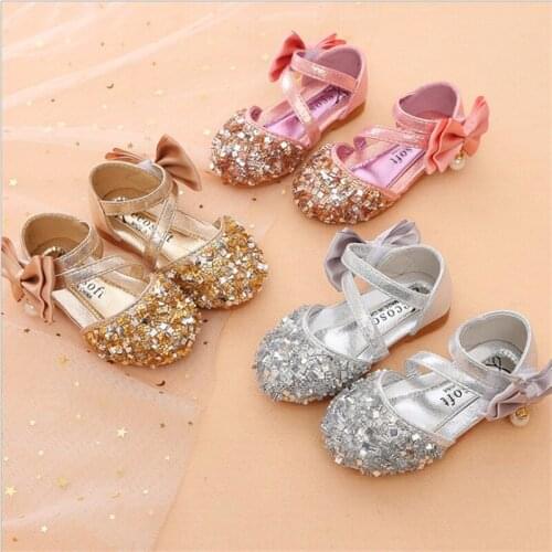 NEW Children Princess Baby Girls Leather Shoes Flat Heel Sequins Bow Pearl Kids Shoes For Dress