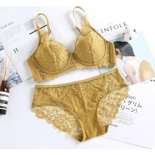 New Lace Ultrathin Sexy Underwear Amazing Embroidery Bra and Panties Set Women Cotton 1/2 Cup French Wireless Push Up Bra Set