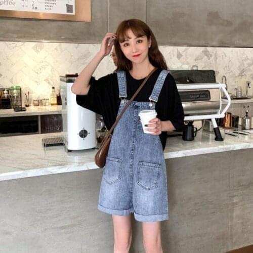 New Kids Middle High School Summer preppy style Jumpsuit Denim Overalls pocket Casual Girls cartoon embroidery Jeans Shorts