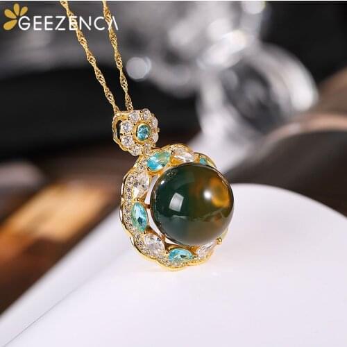 S925 Silver Goldplated Natural Blue Amber Zircons Pendant Necklace For Women Gorgeous Trendy Necklaces Fine Jewelry Party Gift