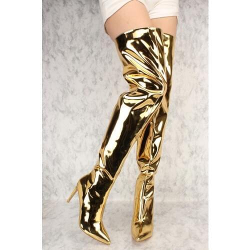Sexy Women Shiny Golden Patent Leather Dress Boots Stiletto Heels Pointed Toe Long Boots Black Nude Over The Knee Boots Pumps