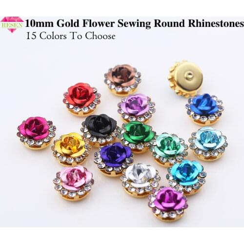 RESEN 100PCS 10mm Mix Colors Fancy Sewing Round Rhinestones Glass Crystal Flower Shape Sew on Rhinestone For Wedding Decoration