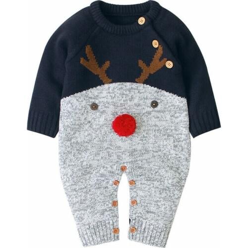 Pudcoco Xmas Baby Romper Winter Warm Sweater Wool Deer Print Rompers Jumpsuit Infant Long Sleeve Clothes Boy Girl Deer Knitwear