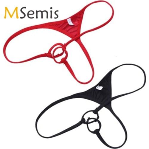MSemis Mens Sexy Lingerie Men Leather Thong Bikini G-string with Penis Holes Loop Underwear Open Penis Gay Underwear Thong Men