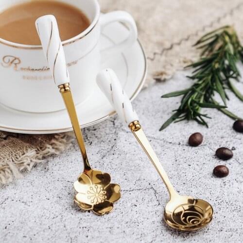 Stainless Steel Tableware Tea Coffee Mixing Spoon Flower-shaped Spoon Surface Ceramic Handle Dessert Ice Cream Spoons Bar Tool