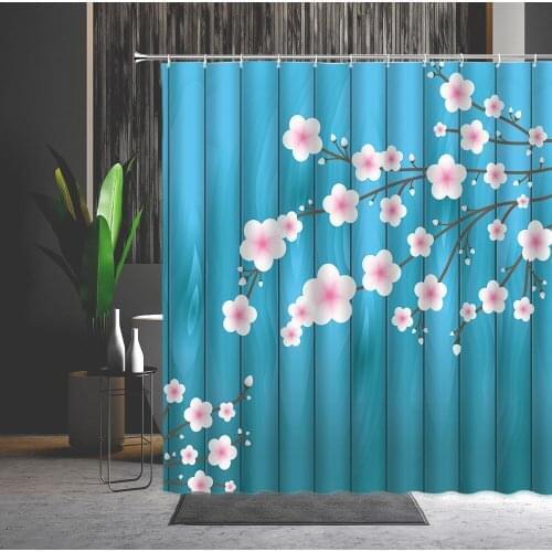 Chinese Style Shower Curtain Tree Pink Flower Spring Natural Landscape 3D Printing Waterproof Polyester Fabric Bathroom Curtains