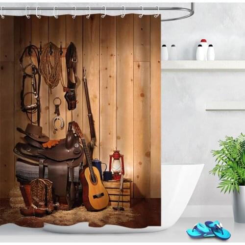 Retro Wooden Farmhouse Barn Shower Curtain American West Rodeo Cowboy Waterproof Polyester Fabric Bathroom Shower Curtain