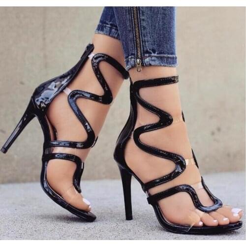 Clear Straps Patchwork Women Black/Nude Patent Leather Sandals Sexy Open Toe Ladies Cut Out High Heels Female Club Fashion Shoes