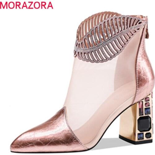 MORAZORA Genuine Leather Women Boots Fashion Pointed Toe High Heels Shoes Spring Autumn Ankle Boots For Woman Black Gold