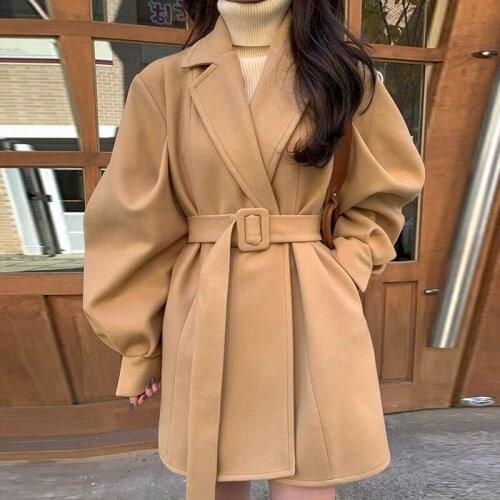 Jacket Slim Waist Overcoat Cardigan with Waistbelt Puff Sleeve Women Spring Autumn Vintage Khaki Wool Blazer Coat