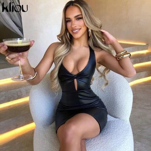 Kliou Party Style Mini Dress Women Faux PU Leather Sheath Cleavage Body-Shaping Lace Up Sleeveless Low V-Neck Club Female Wear