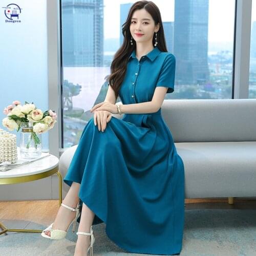 2021 summer new acetate satin dress short sleeve Fashion Chiffon temperament waist slim mid length skirt dresses women