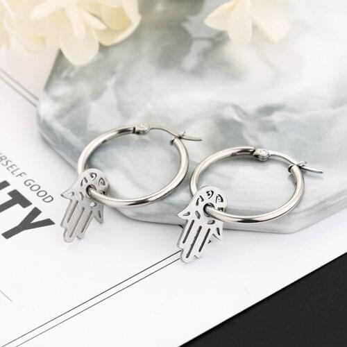 1Pair Simple Stainless Steel Tree Flower Hoop Earrings Women Jewelry Korean Personality Metal Color Hand Pendant Earrings E495