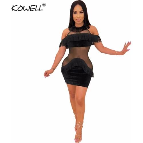 2019 Tassel Sexy Mesh Velvet Dress Women Clothes Off Shoulder Perspective Mini Bodycon Dresses Elegant Night Club Party Dress