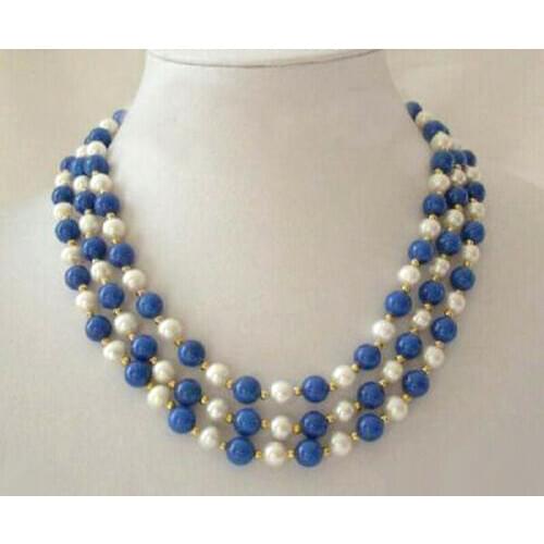 3 Rows 7-8mm Real White Pearl Lapis Lazuli Clasp Women Girl Party Necklace