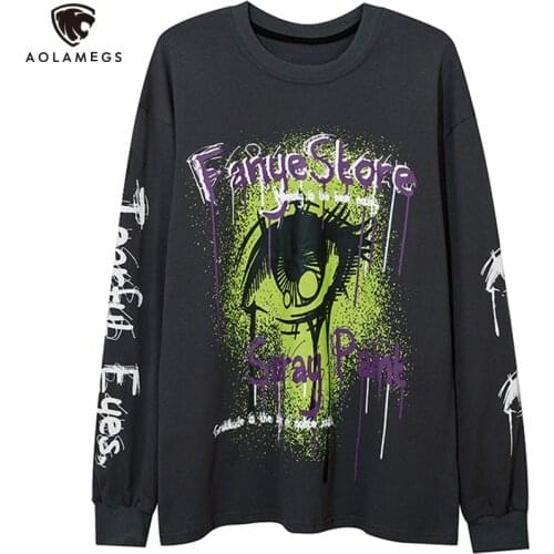 Aolamegs Sweatshirt Men Eye Letter Inkjet Painting Print Streetwear Baggy O-Neck Hip Hop Punk High Street Pullover Autumn Hoodie