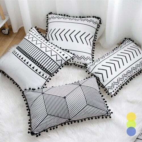 Black and White Geometric Stripe Pattern Tassel/hair Ball Decoration Single-side Print Velvet Cushion Cover for Pillowcase Decor