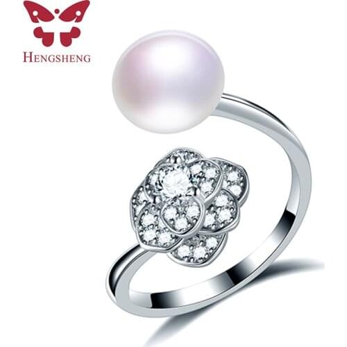Three-dimensional flower 9-10mm natural freshwater pearl ring for women gift, 925 sterling silver women adjustable jewelry ring