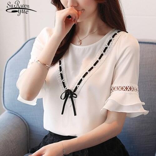 Korean Style 2020 Summer New Short Sleeve Solid Color Elegant Bow Chiffon Blouse Women Office Lady V-neck White Blouse 8851 50