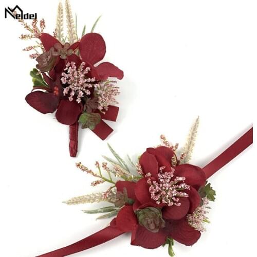 Meldel Red Rose Boutonniere Men Wedding Corsage Bracelet Flower Bridesmaids Silk Corsages Boutonnieres Wedding Marriage Corsages