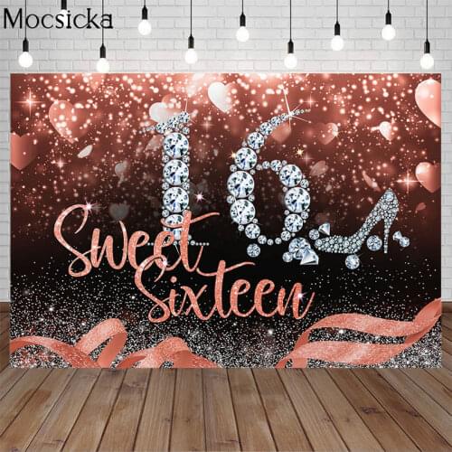 Mocsicka Sweet 16 Theme Backdrops Girl Sixteen Birthday Glitter Diamond Ribbon Decoration Background Party Banner Photo Studio