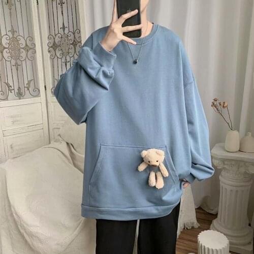 Mens plus velvet sweater mens tide ins wild pure color round neck pullover autumn capless casual bottoming top