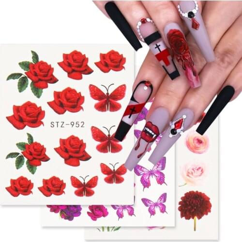 Red Rose Sticker For Nails Manicure Flowers Butterfly Water Transfer Decals Summer Design Accessories Tattoo Tips LESTZ930-969-1
