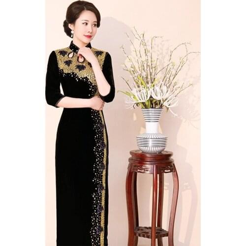 2020 New Improved Cheongsam Bride Mothers Dress Long Cheongsam Autumn and Winter Black Sequins Catwalk Qipao