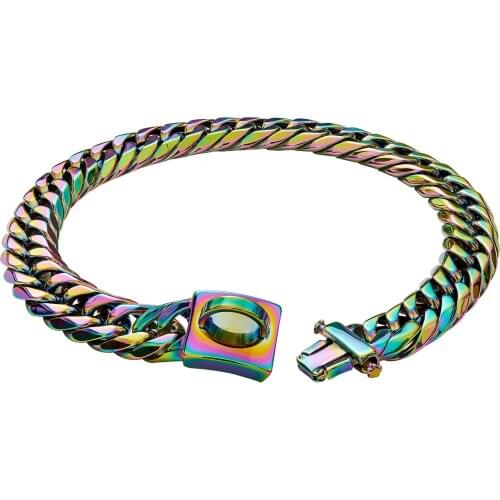 16mm Pet Dog Collar Stainless Steel Mutli-Color Cuban Curb Chain Heavy Duty Buckle Metal Walking Training Dog Necklace 12-30inch