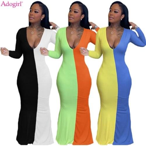 Adogirl Color Patchwork V Neck Full Sleeve Maxi Dress for Women Fashion Sexy Autumn Highly Stretchy Slim Long Party Vestidos