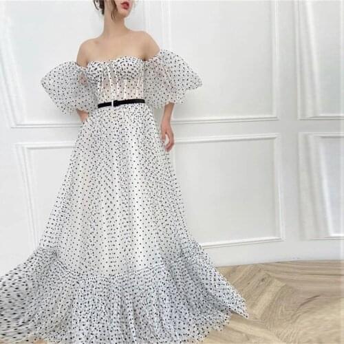 Casual White Women Dress Off-The-Shoulder Spot A-Line Floor Length Summer Dress Ribbon Trim Evening Dresses Custom Made