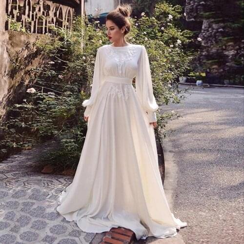 Simple O-Neck Wedding Dresses 2021 Chiffon Appliques Full Sleeves Floor-Length Buttons Bride Gown A-Line Robe De Mariée Elegant