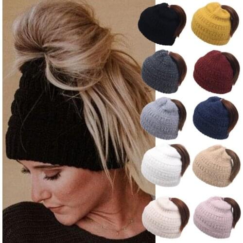 2020 New Fashion Women Ponytail Beanies Autumn Winter Women Soft Solid Color Knitting Hats Ladies Warm Messy Bun Beanies