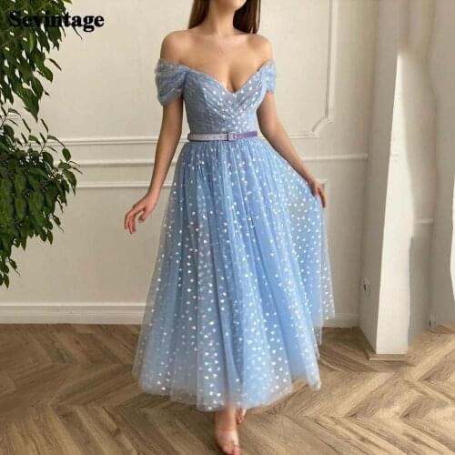Sevintage Maya Blue Printed Hearts Tulle Short Prom Dress Off Shoulder Pleats Homecoming Dresses Princess Wedding Party Gowns
