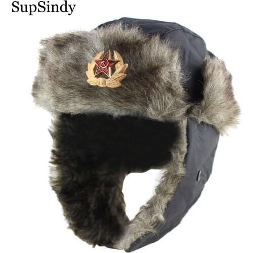SupSindy Soviet Badge Ushanka Men&Women Winter warm Bomber Hats CCCP Army Military Faux Fur Earflap Hat Russia outdoor Snow caps