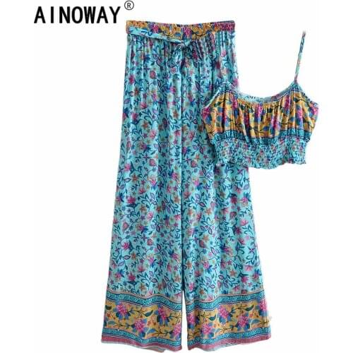 Vintage chic Women two piece outfits strap Sleeveless tops Bohemian sashes Drawstring pants 2 pieces rayon cotton Boho sets