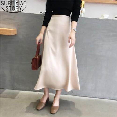 Women Elegant OL Skirt Ladies Glossy Satin Skirt Fashion Casual Solid Shiny Party Office Skirts Solid High Waist Skirts 9645
