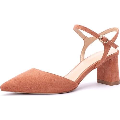 2020 Top seller - Women sandals Flock Buckle Strap 6.5CM Thick High Heels Pointed Toe Shallow Back Strap women shoes size 35-40